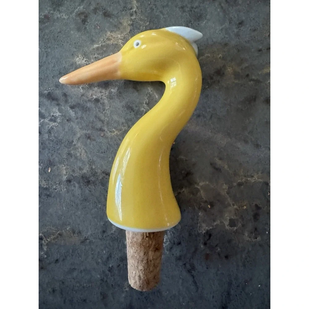 Yellow Ceramic Heron Crane Bird Wine Bottle Stopper Cork Long Beak Whimsical